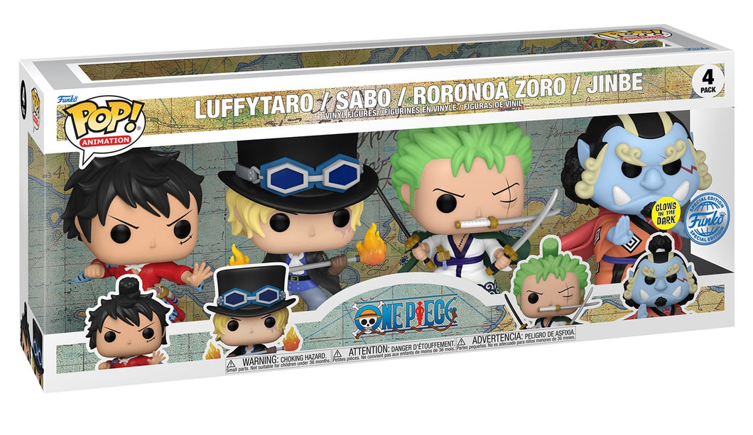 One Piece Luffytaro/Sabo/Roronoa Zoro/Jimbe 4PK Funko Ex Glow